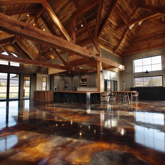 stained concrete floor in barndominium with rustic wood beams and open floor plan