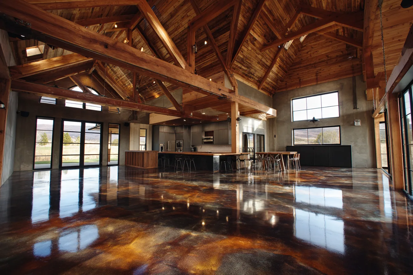 stained concrete floor in barndominium with rustic wood beams and open floor plan