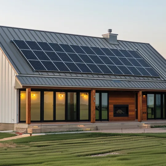 eco friendly barndominium in virginia with solar panels on metal roof and covered porch