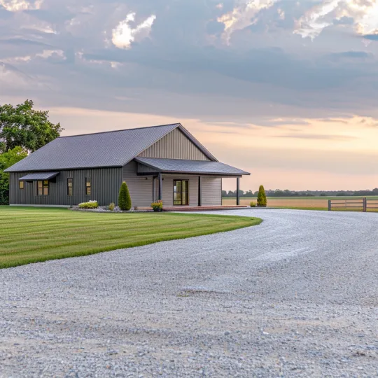 affordable barndominium home in rural area with gravel driveway and open land suitable for usda loan