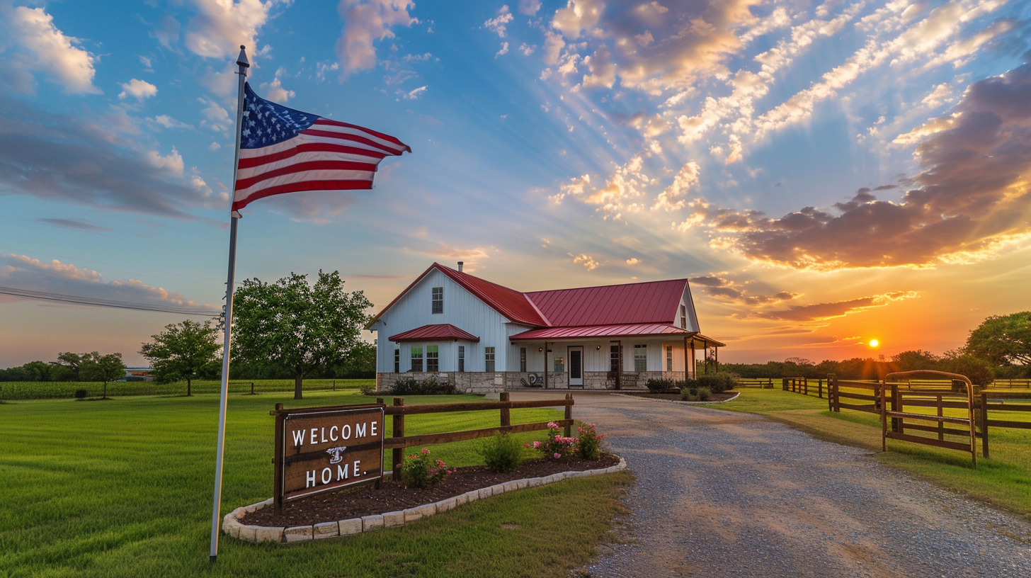 A white barndominium with a red roof and an American flag in the front yard at sunset, representing VA loan opportunities for veterans.